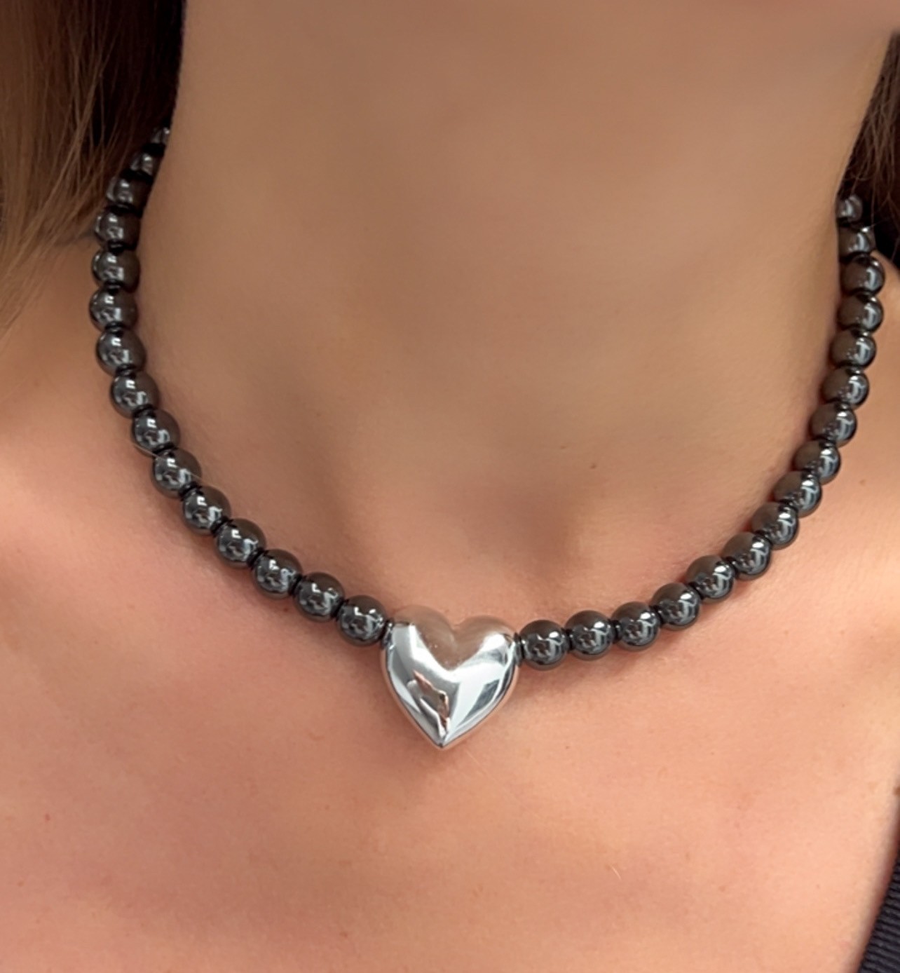 Anthracite Hematite Stone Silver Heart Necklace