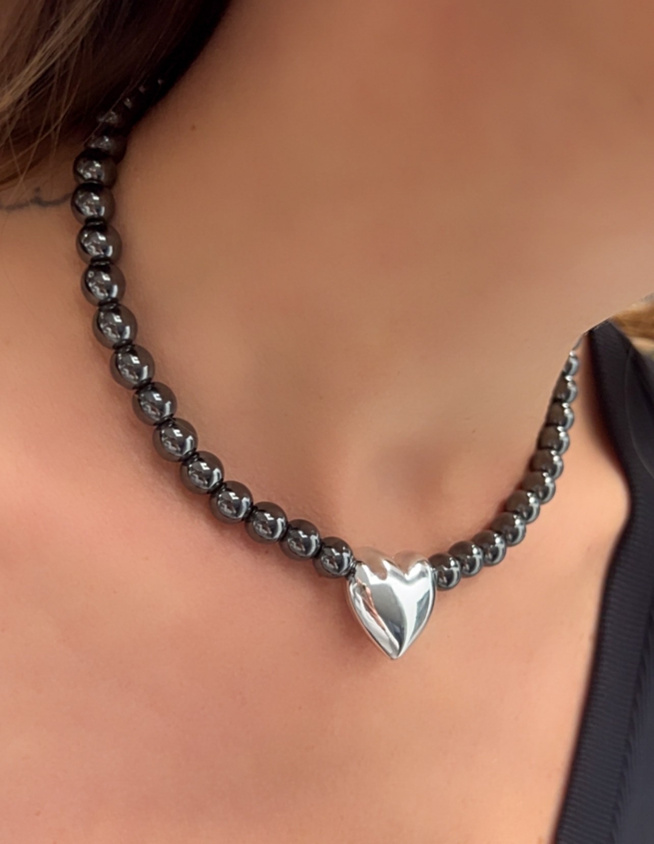 Anthracite Hematite Stone Silver Heart Necklace