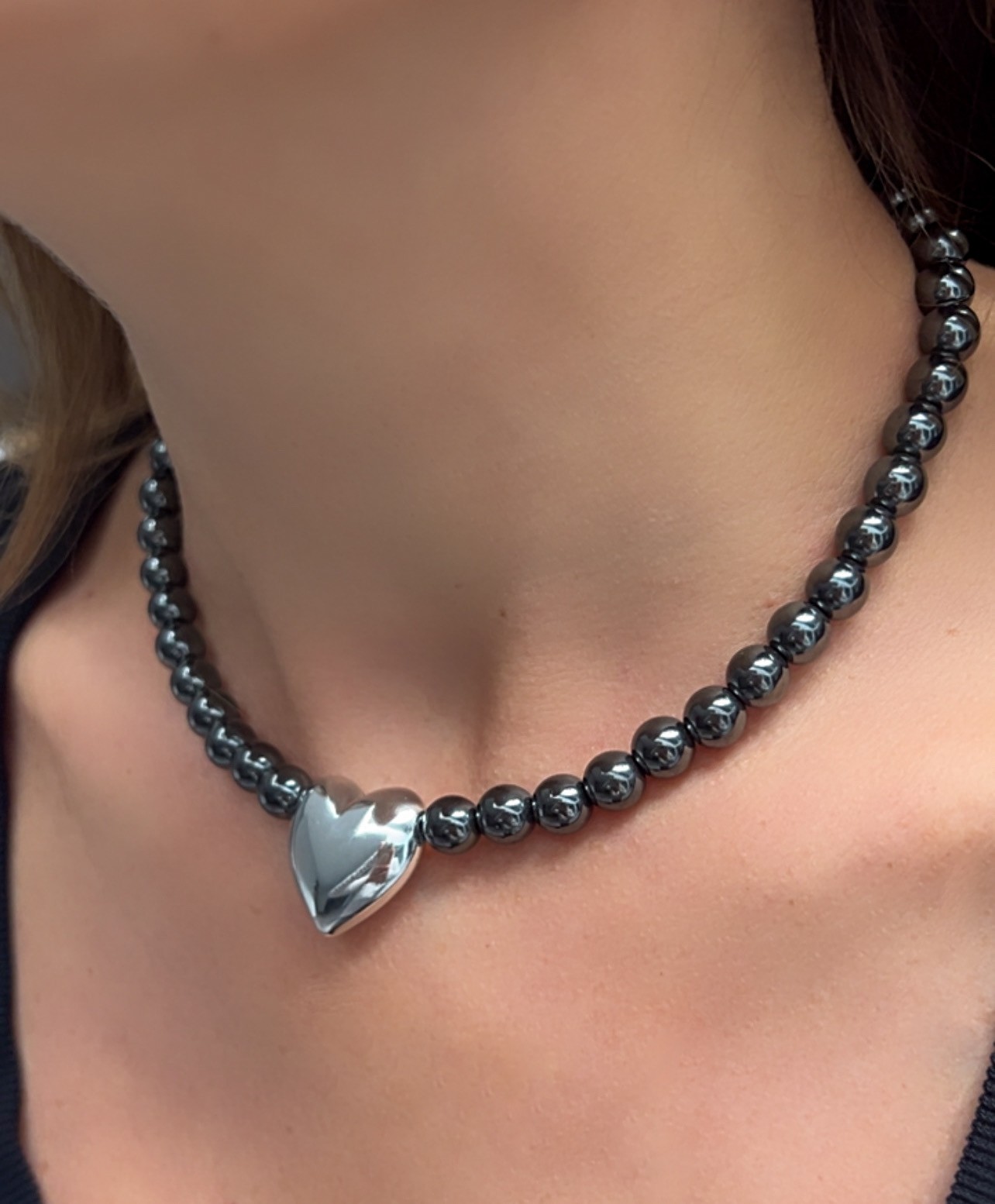 Anthracite Hematite Stone Silver Heart Necklace