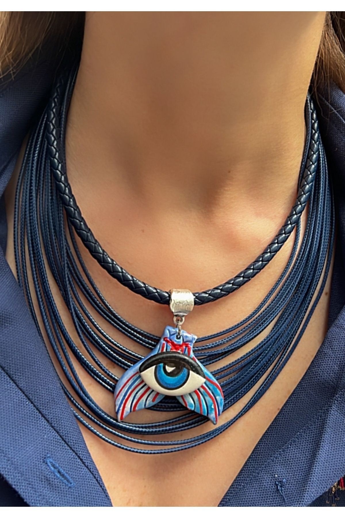 Big Ceramic Eye and Navy Blue Multiple Leather Rope Design Necklace