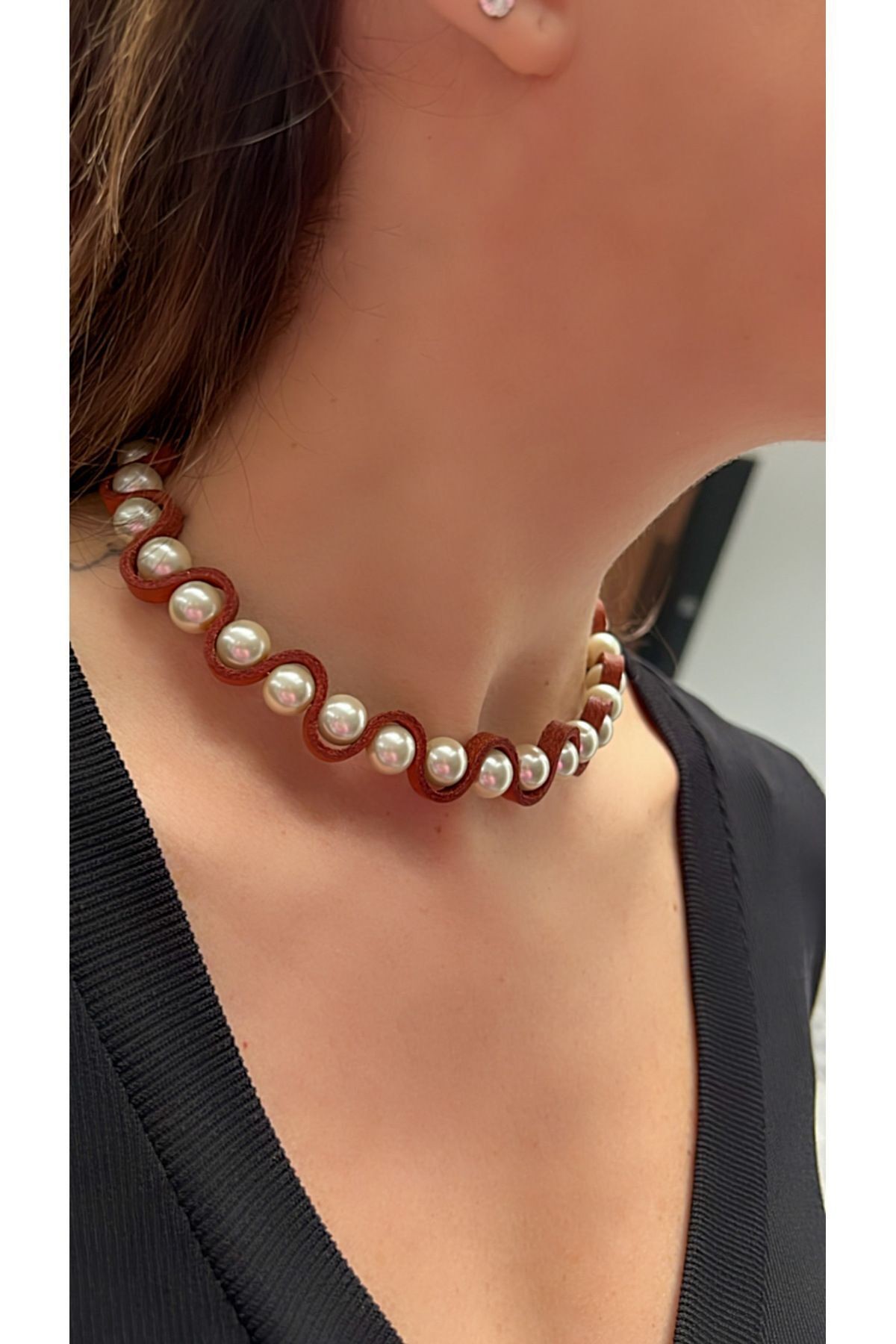 Şık Deri Ve Inci Choker Kolye Bileklik Seti