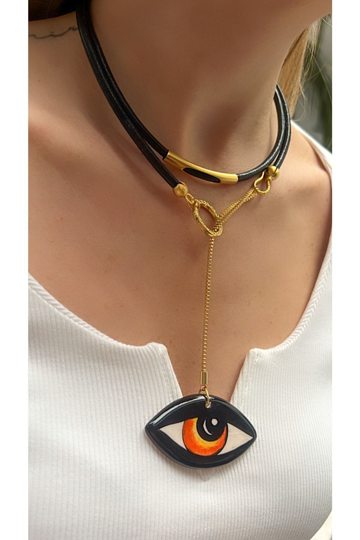 Big Ceramic Eye Black Genuine Leather Design Necklace