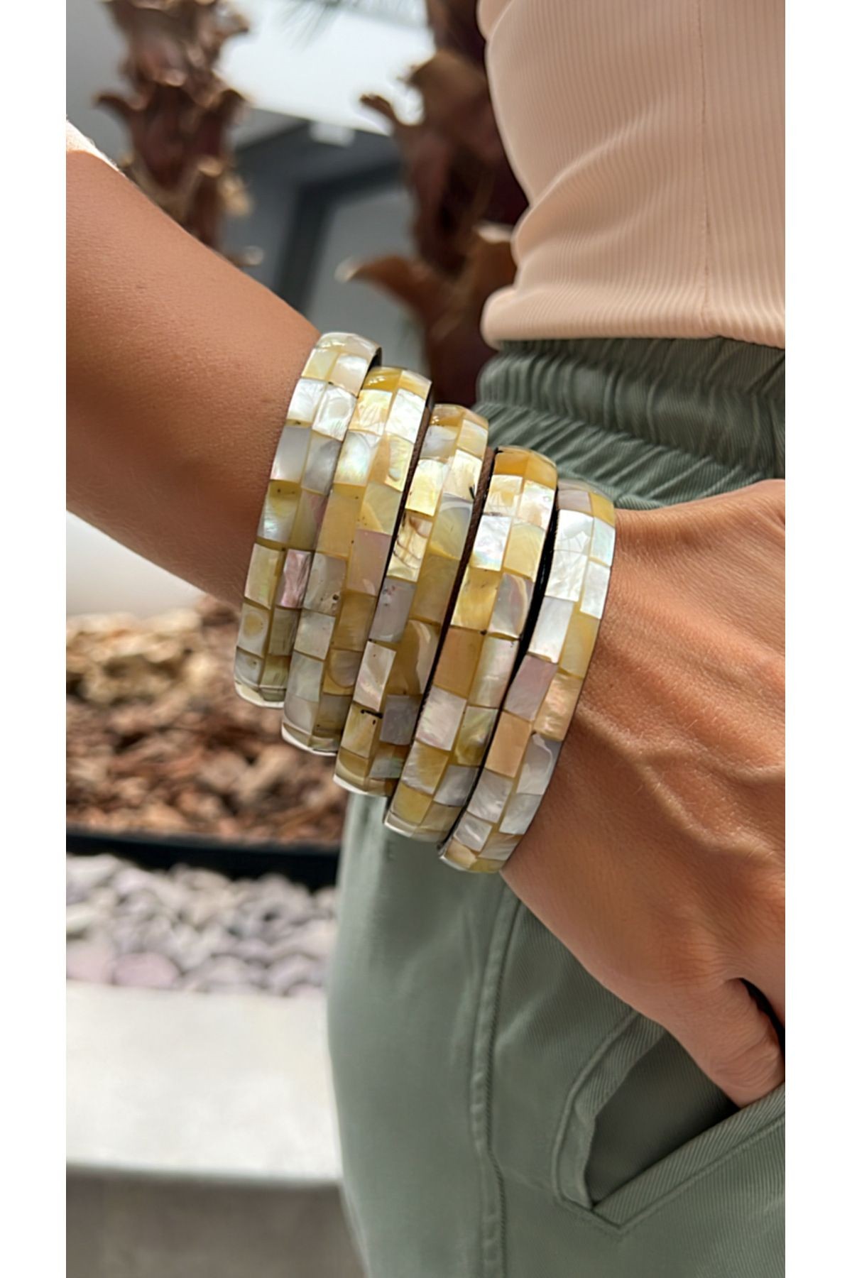 Gold and Mother of Pearl Mosaic Patterned Bracelet - Elegant and Stylish Design