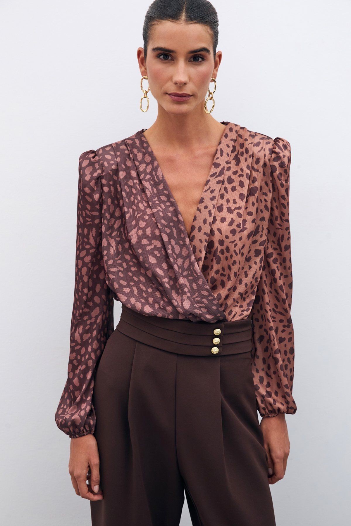 Kruvaze Desenli Bodysuit - Camel-Kahve