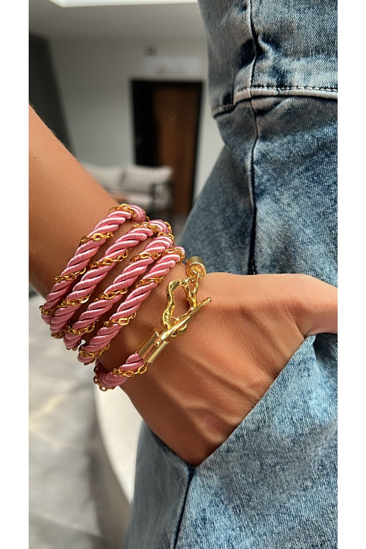 Kadın Zincir Detaylı Pembe Wrap Kordon Ip Kolye Ya Da Bileklik Kullanıma Uygun