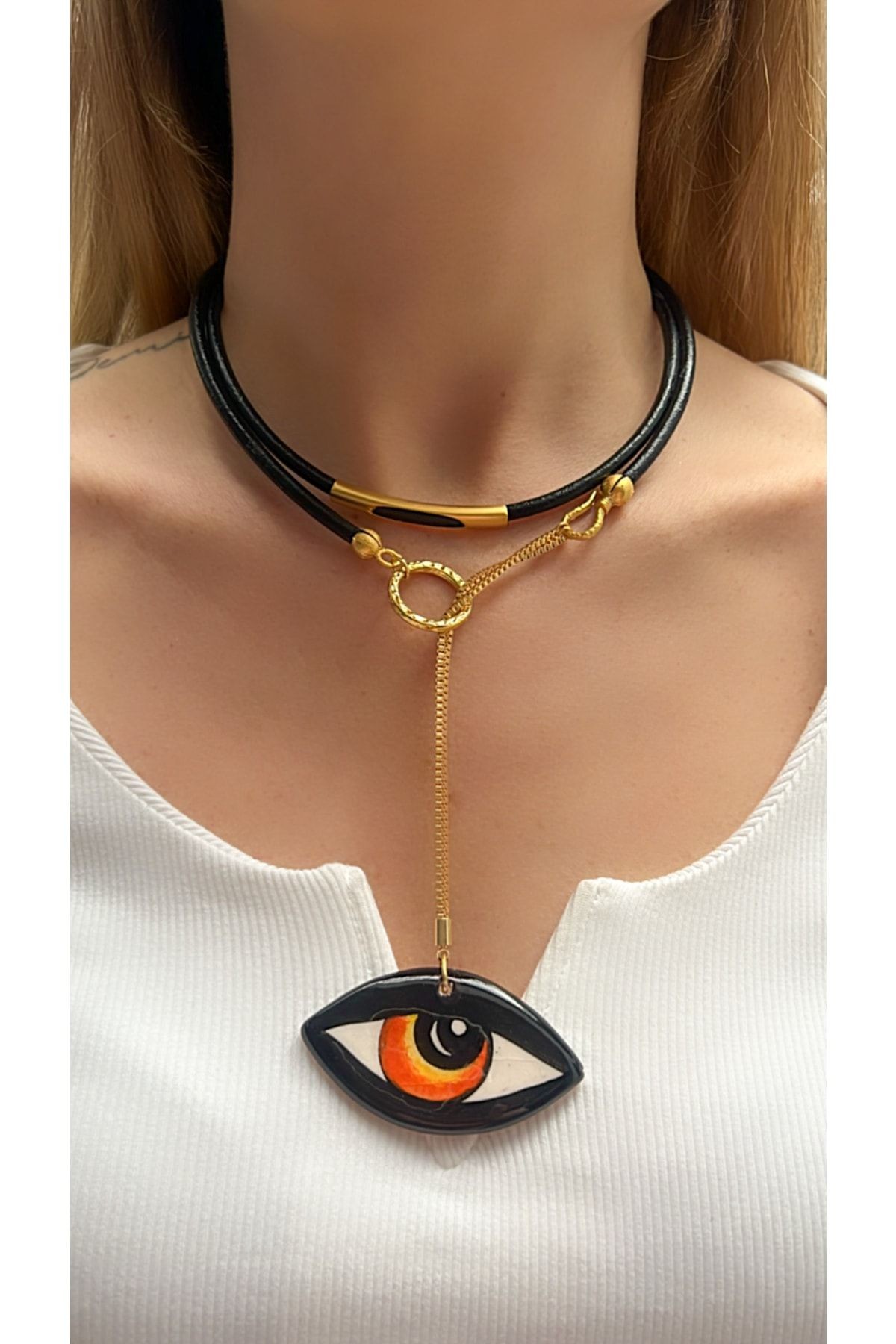 Big Ceramic Eye Black Genuine Leather Design Necklace