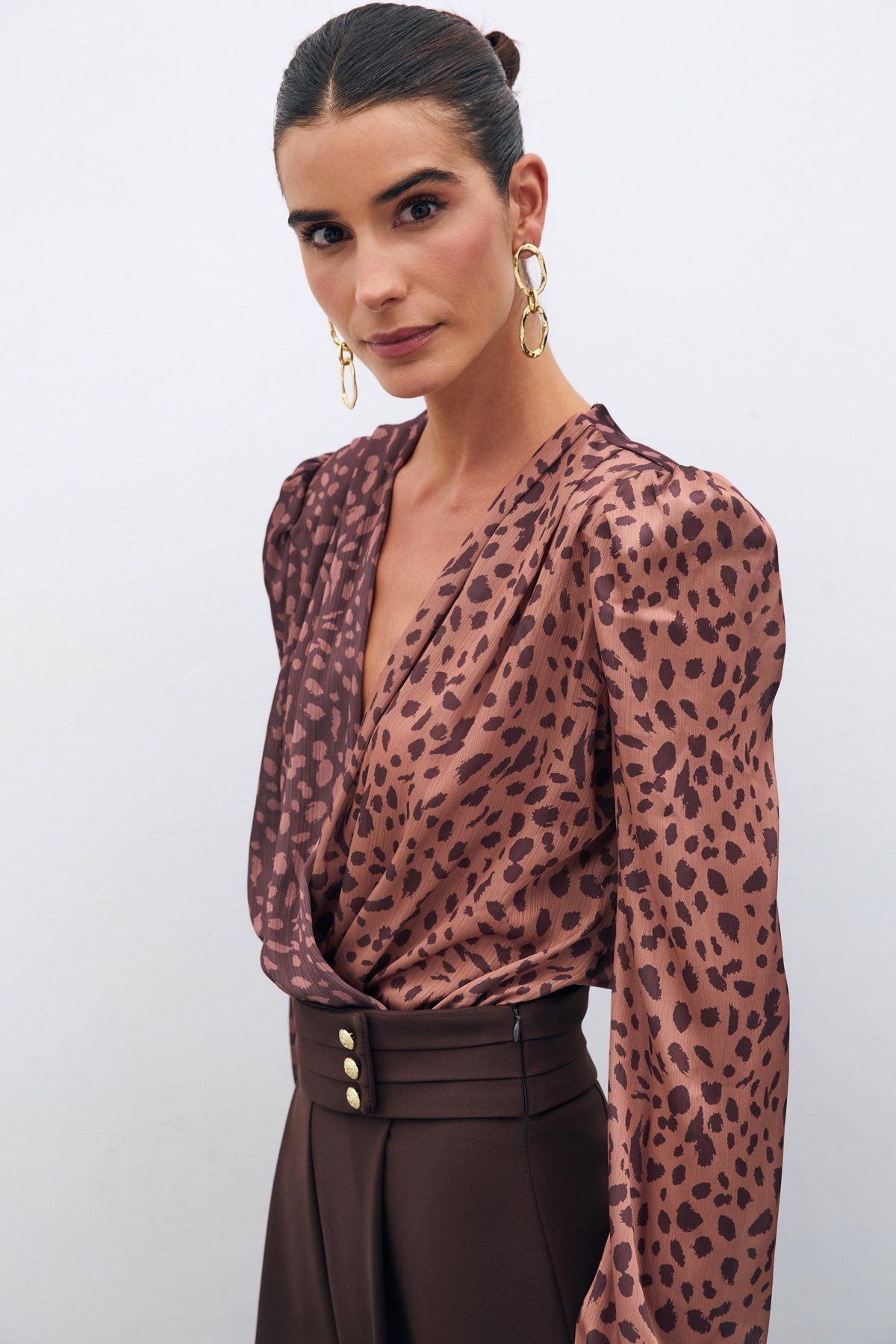 Kruvaze Desenli Bodysuit - Camel-Kahve