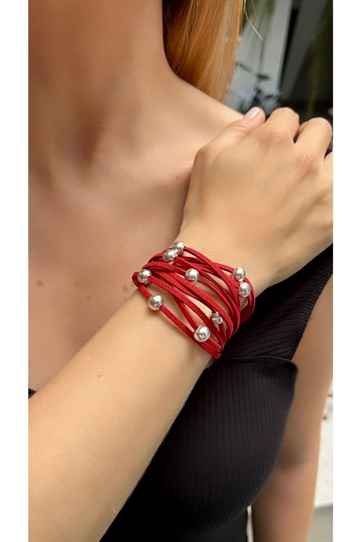 Claret Red Suede Bracelet with Silver Bead Detail