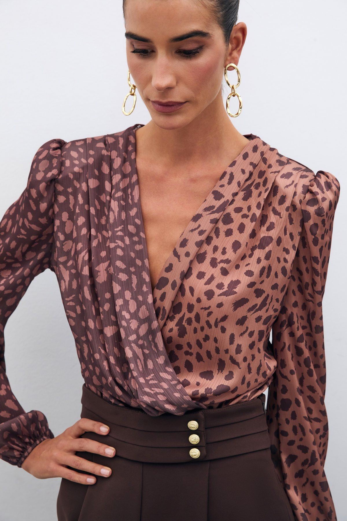 Kruvaze Desenli Bodysuit - Camel-Kahve