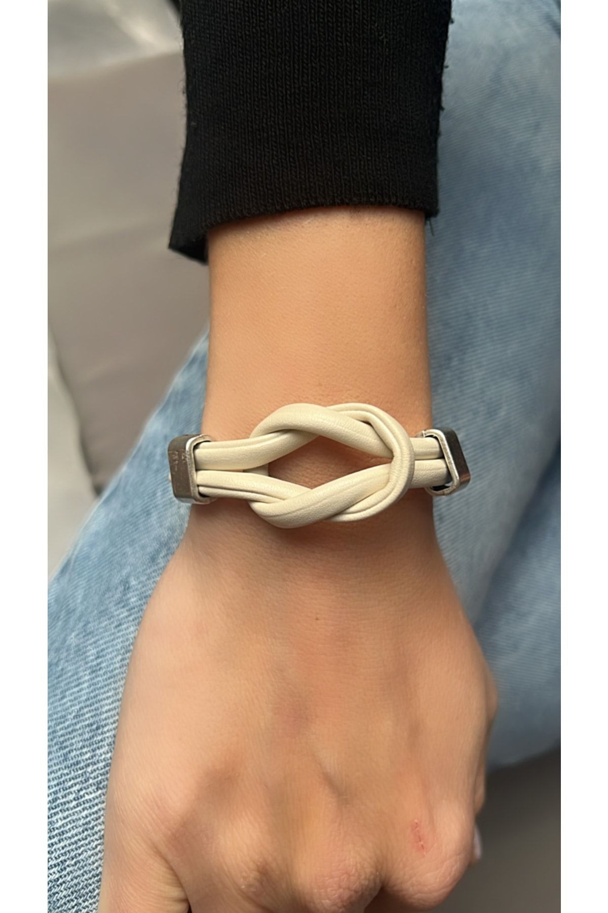 Ecru Color Faux Leather Knot Bracelet