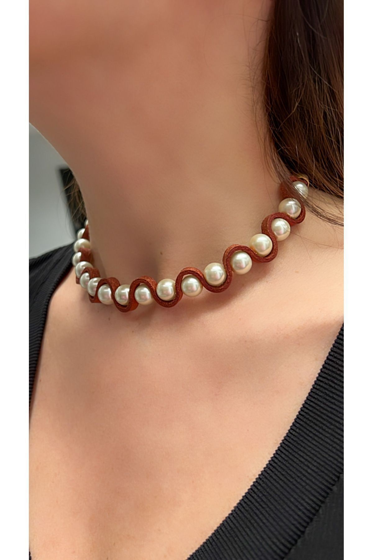 Şık Deri Ve Inci Choker Kolye Bileklik Seti