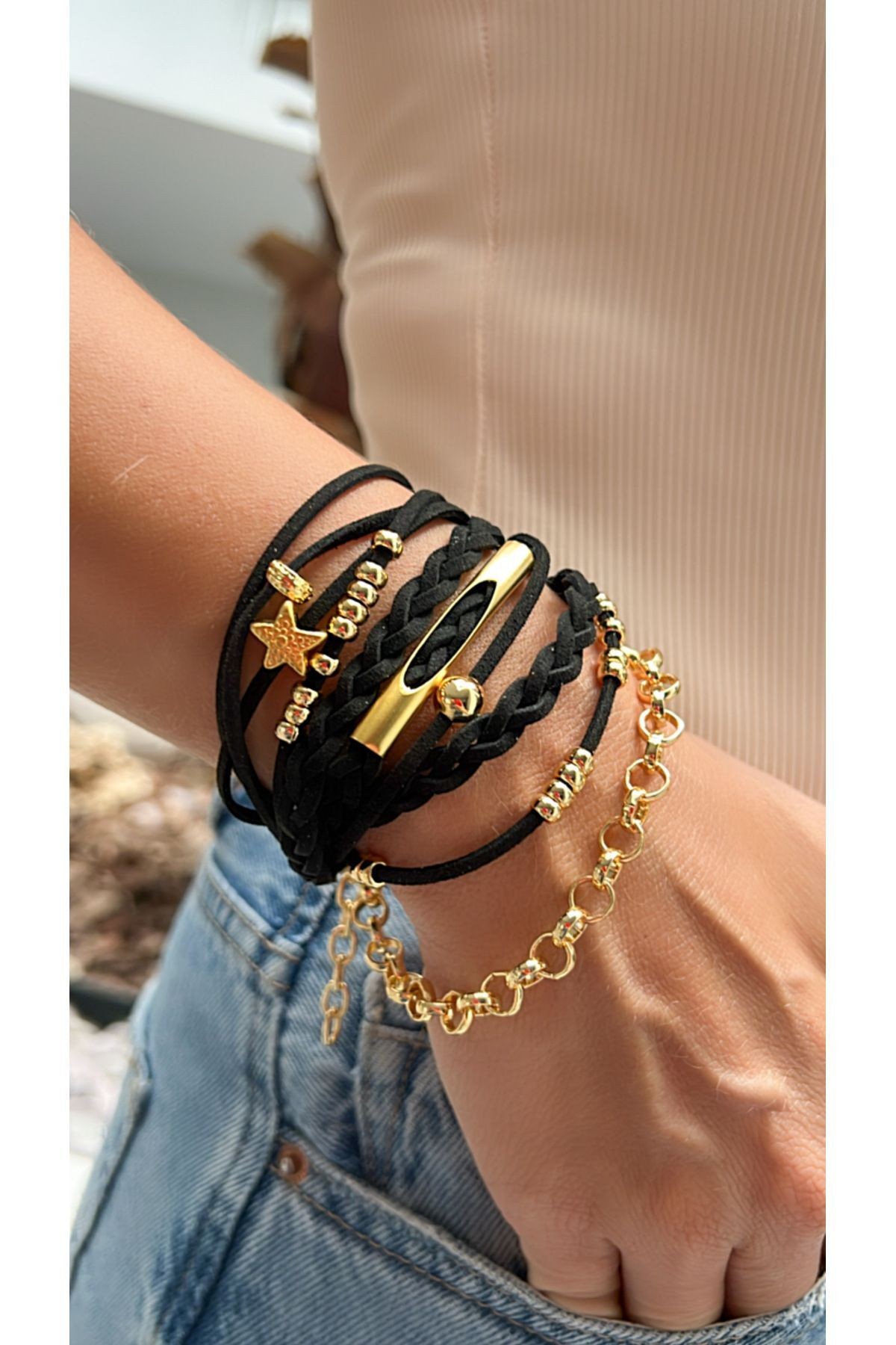 Gold Multiple Suede Leather Bracelet - Black