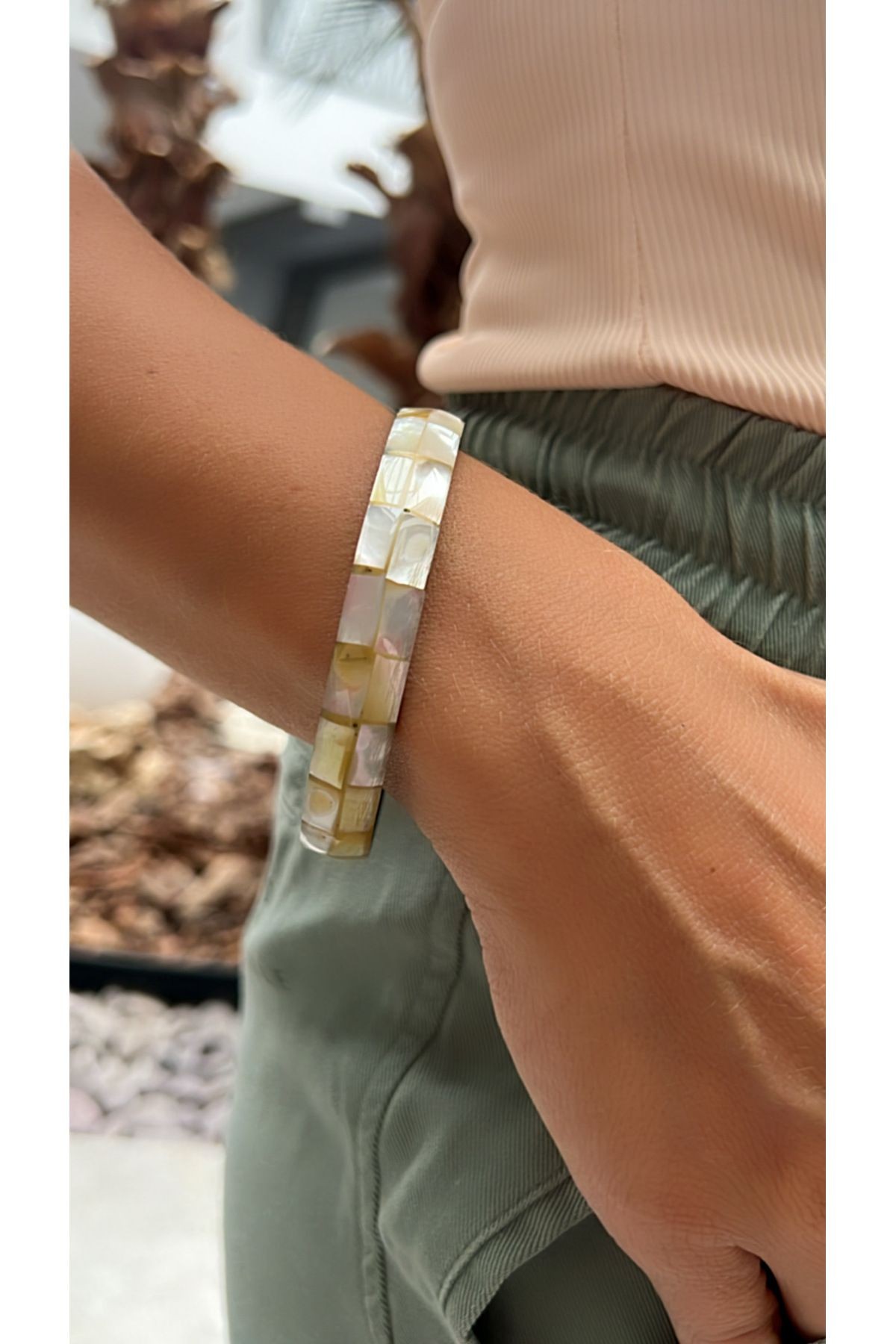 Gold and Mother of Pearl Mosaic Patterned Bracelet - Elegant and Stylish Design