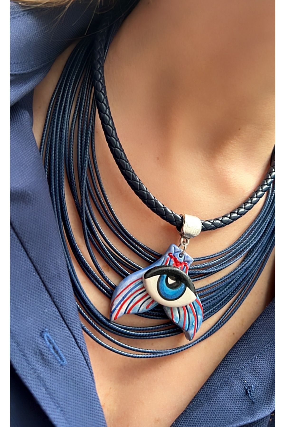 Big Ceramic Eye and Navy Blue Multiple Leather Rope Design Necklace