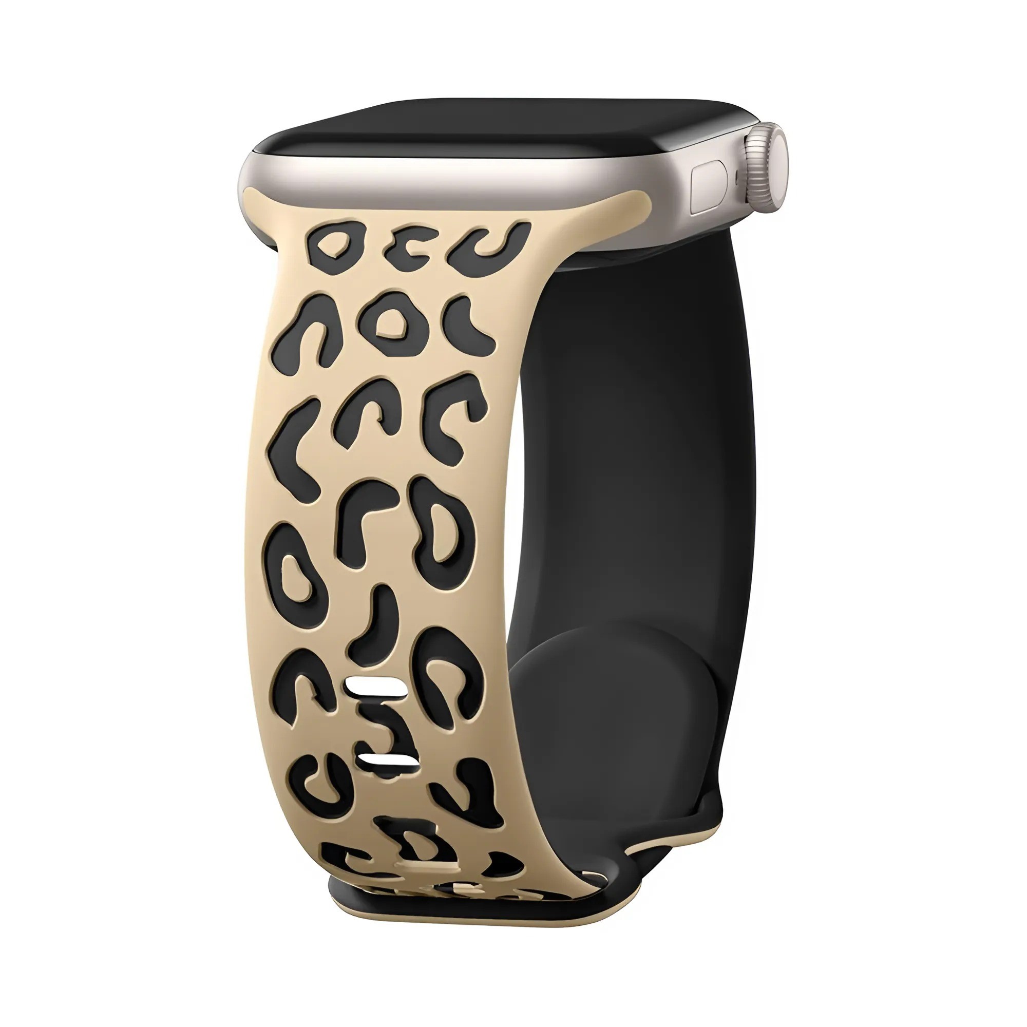 Apple Watch Uyumlu Leopar Desenli Silikon Kordon - Bej-Siyah