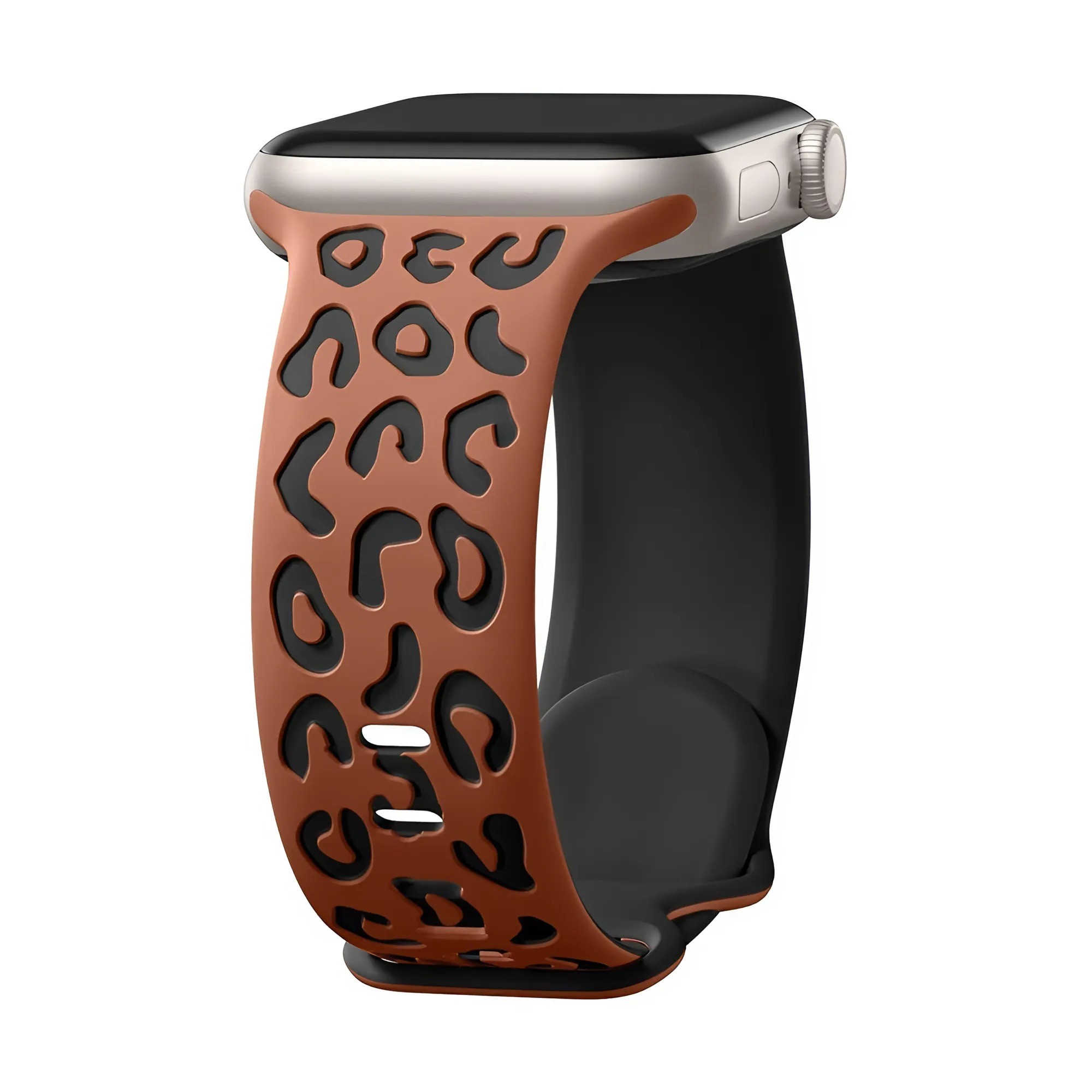 Apple Watch Uyumlu Leopar Desenli Silikon Kordon - Kahverengi-Siyah