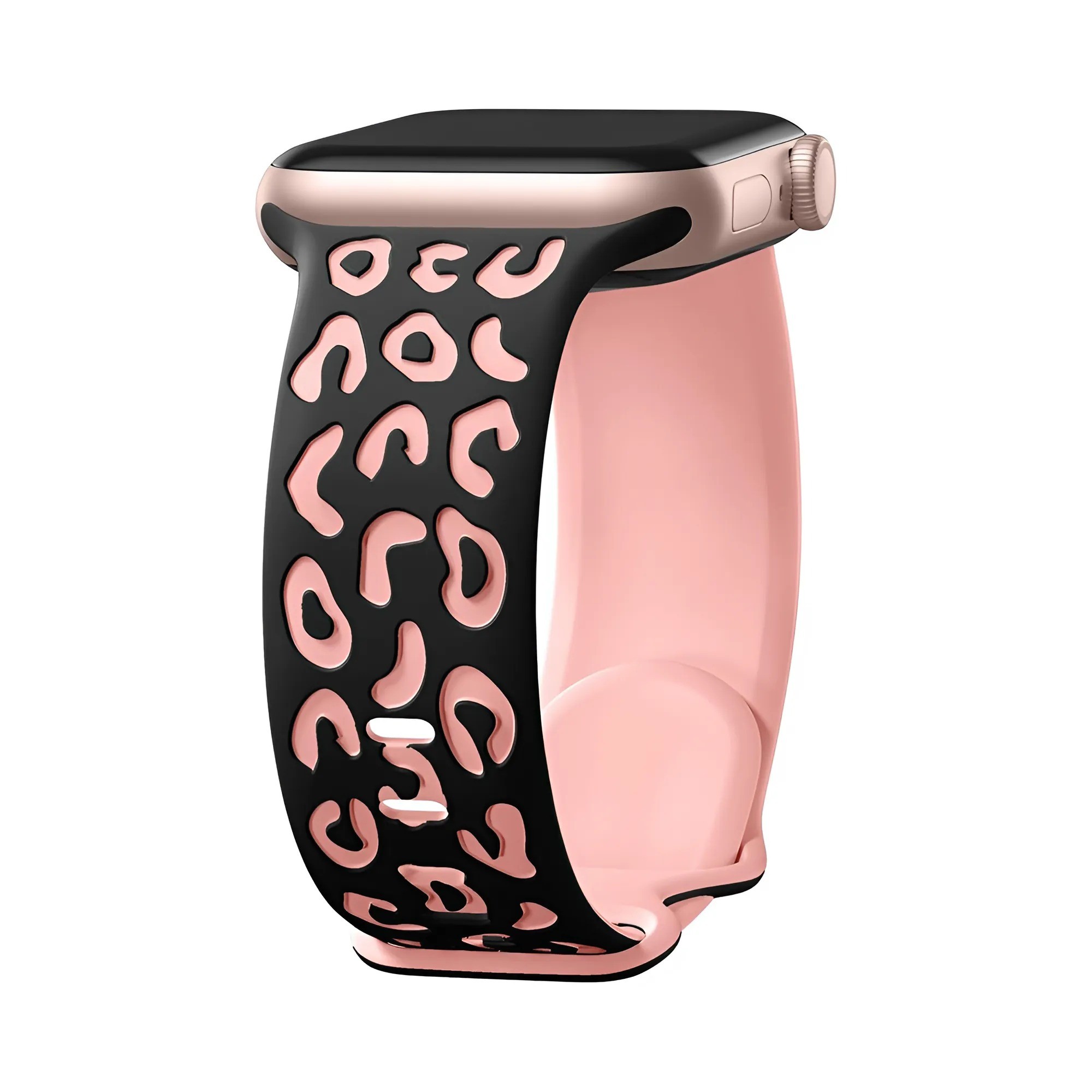 Apple Watch Uyumlu Leopar Desenli Silikon Kordon - Siyah-Pembe