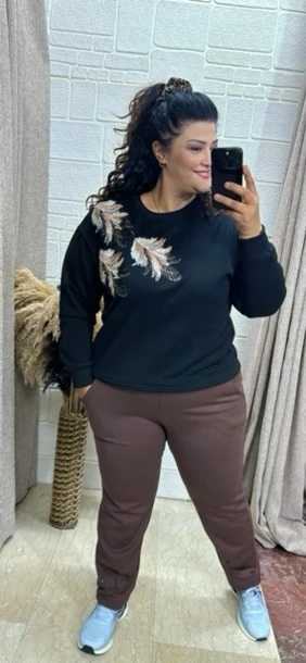 Yaprak Taş İnci Desenli 3 İplik Sweat