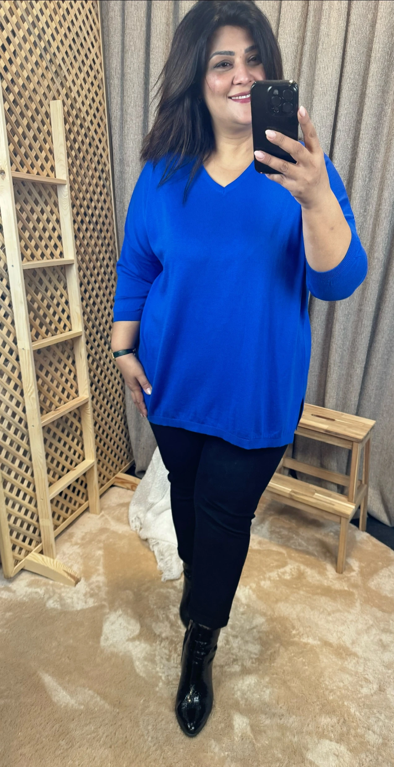 İnce Triko Salaş V Yaka Pamuklu Saks Mavisi