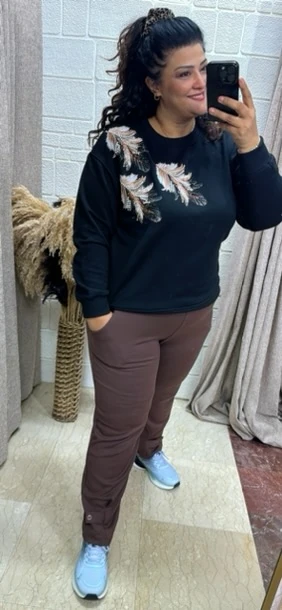 Yaprak Taş İnci Desenli 3 İplik Sweat