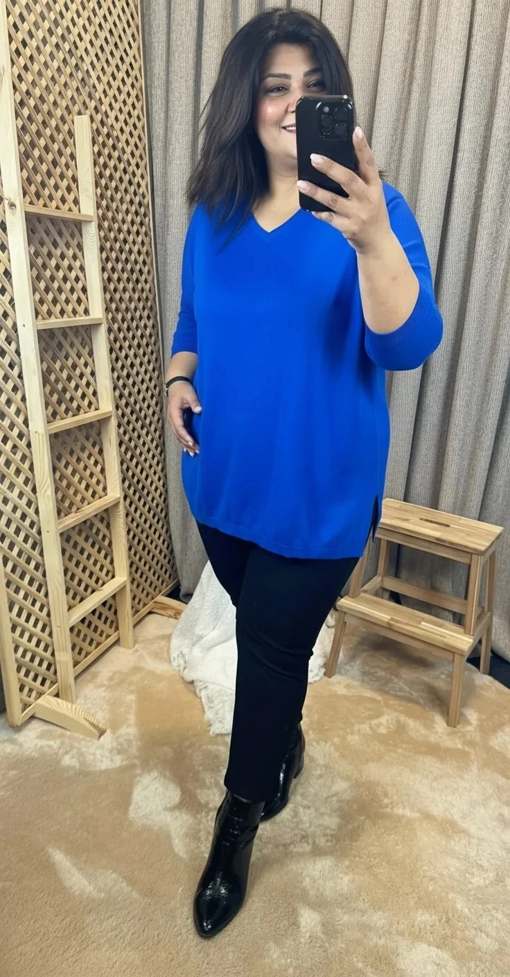 İnce Triko Salaş V Yaka Pamuklu Saks Mavisi