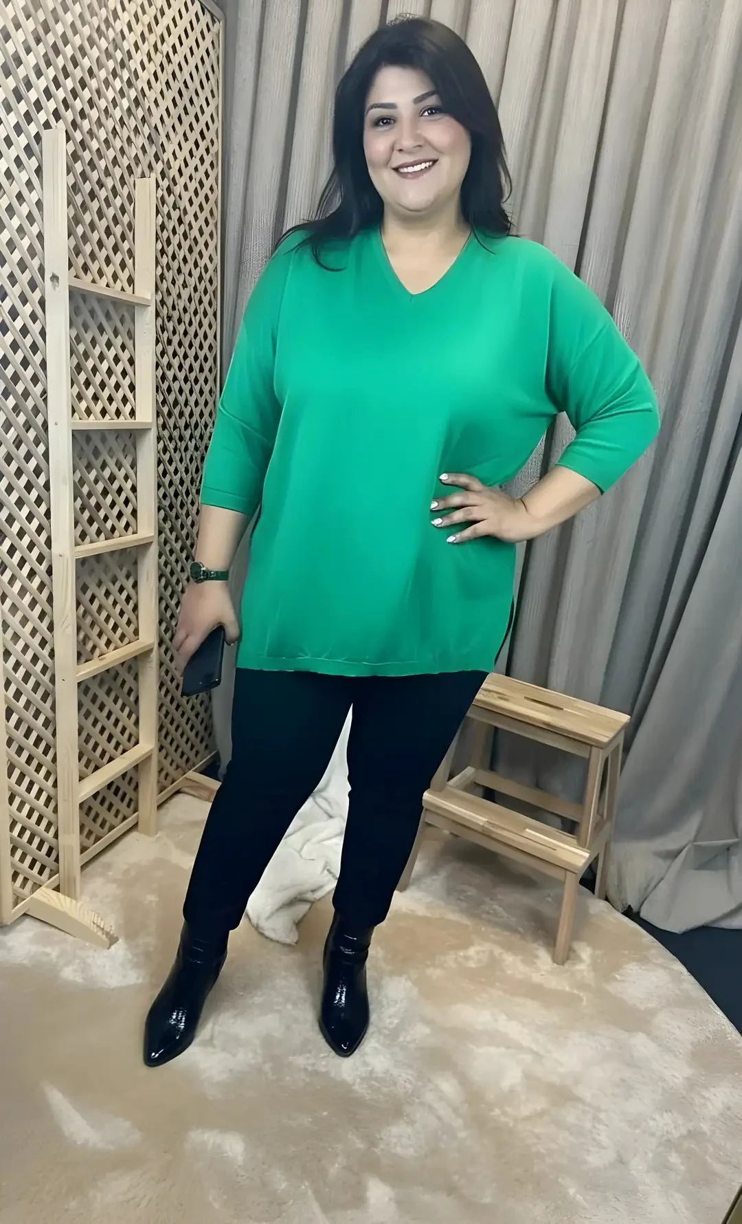 İnce Triko Salaş V Yaka Pamuklu Canlı Yeşil