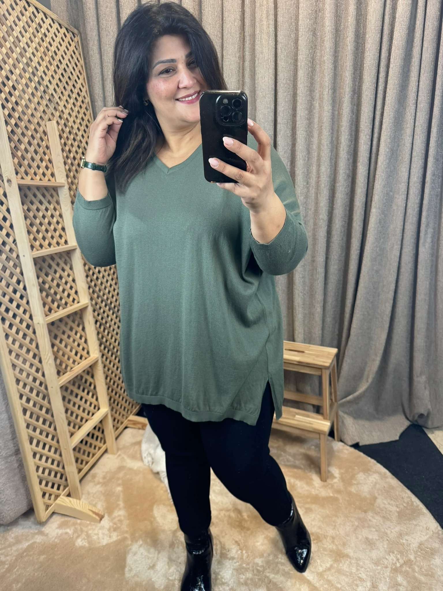 İnce Triko Salaş V Yaka Pamuklu Haki Yeşil