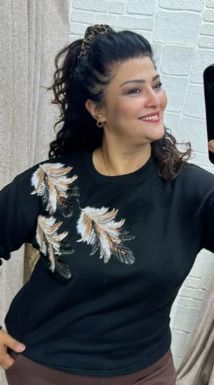 Yaprak Taş İnci Desenli 3 İplik Sweat