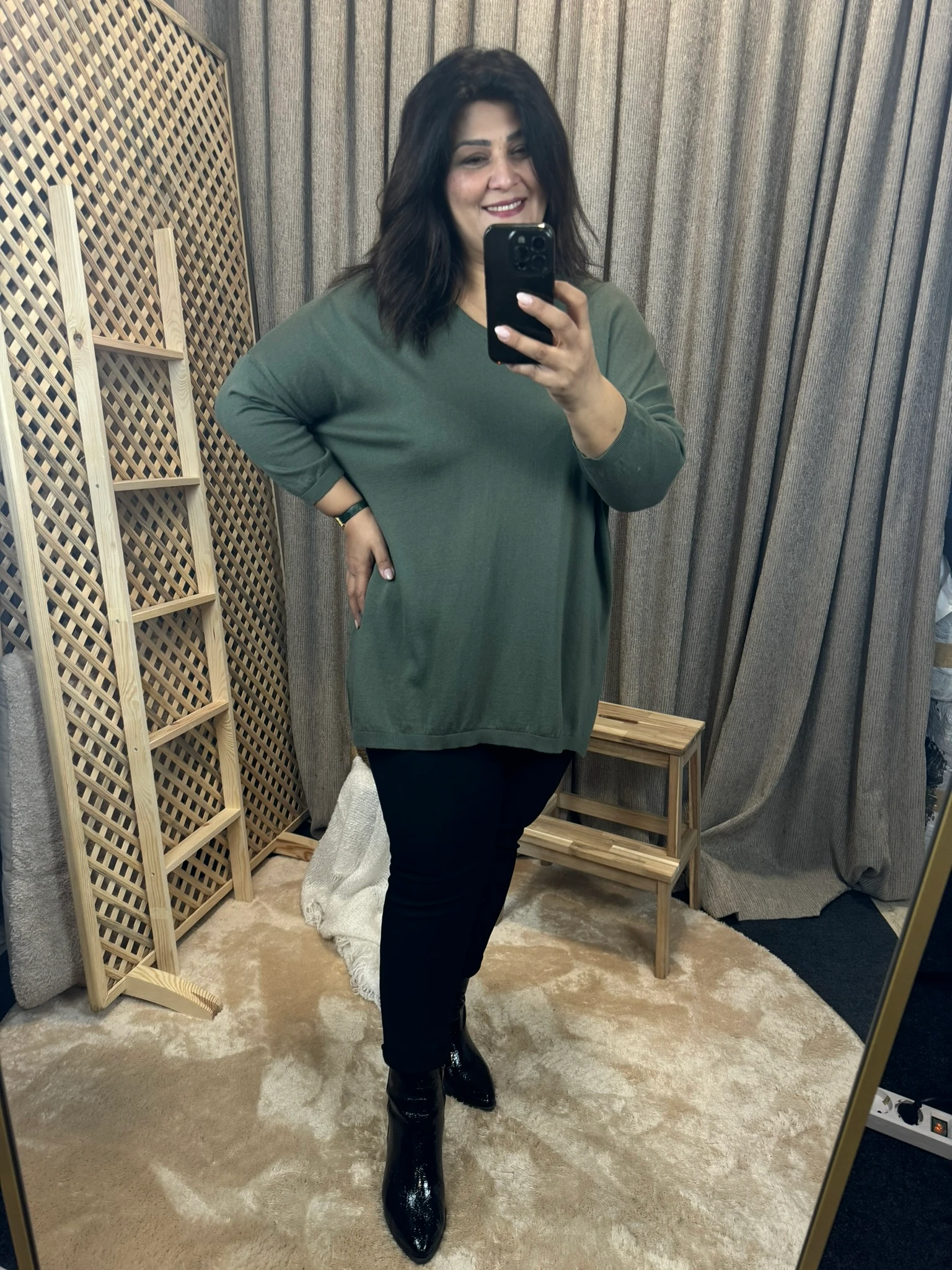 İnce Triko Salaş V Yaka Pamuklu Haki Yeşil