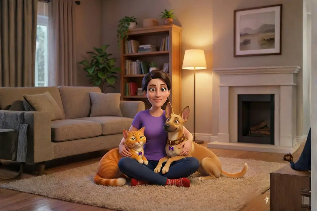 Yerde oturan ve kucağındaki kedi ile köpeği seven kadın karakter, Mamalarrr görseli.