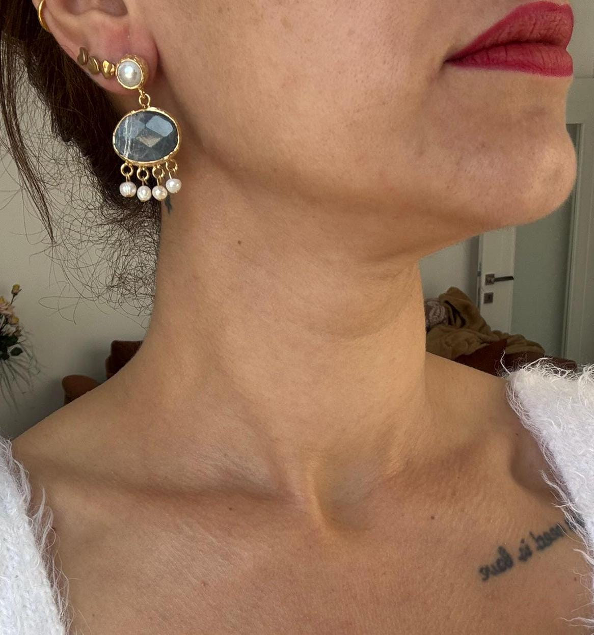 İnci Sarkıtlı Labradorit Küpe