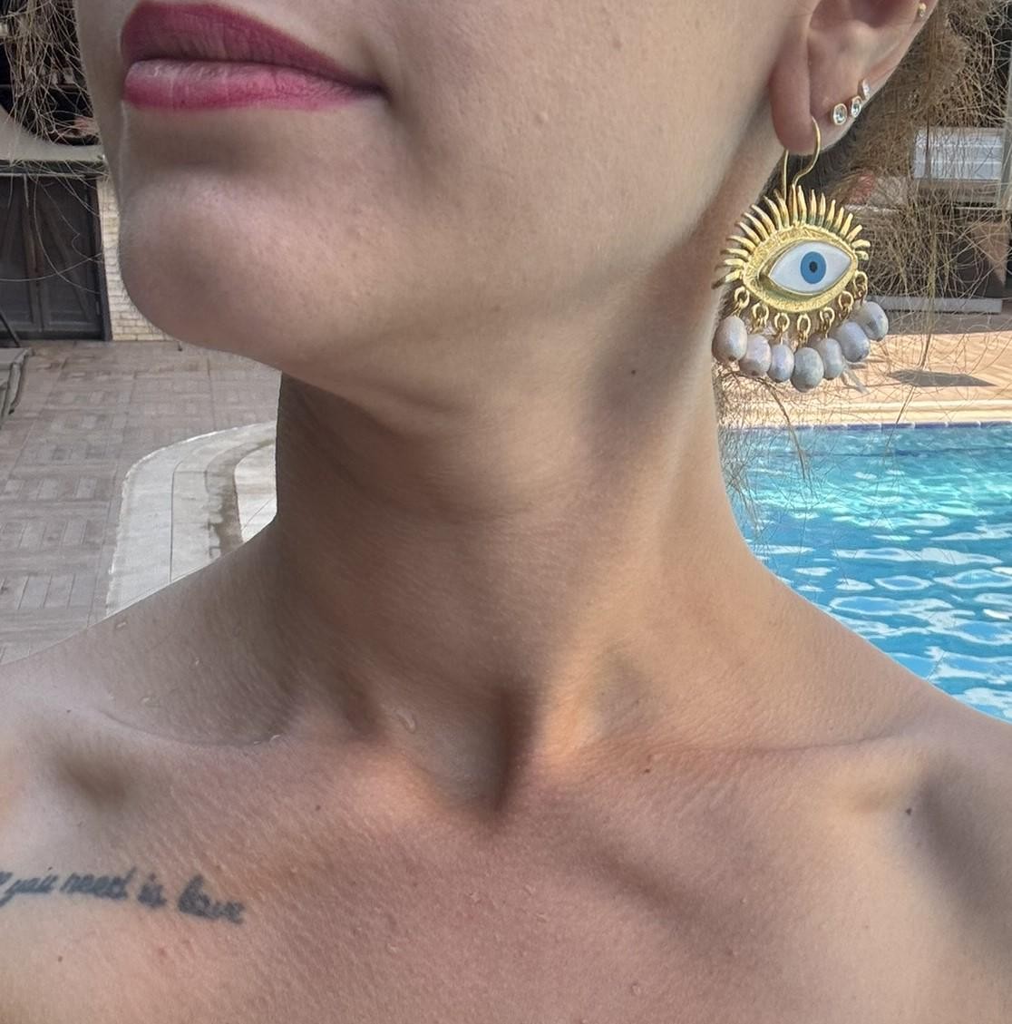 Evil Eye Protection Earrings, Freshwater Pearl Dangle Earrings