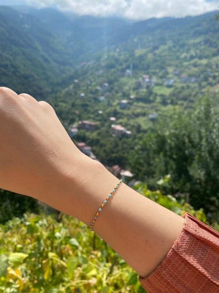 YENİ Çıtır Altın Top Zincir Bileklik, Mini Mavi Turkuaz Boncuklu Bileklik