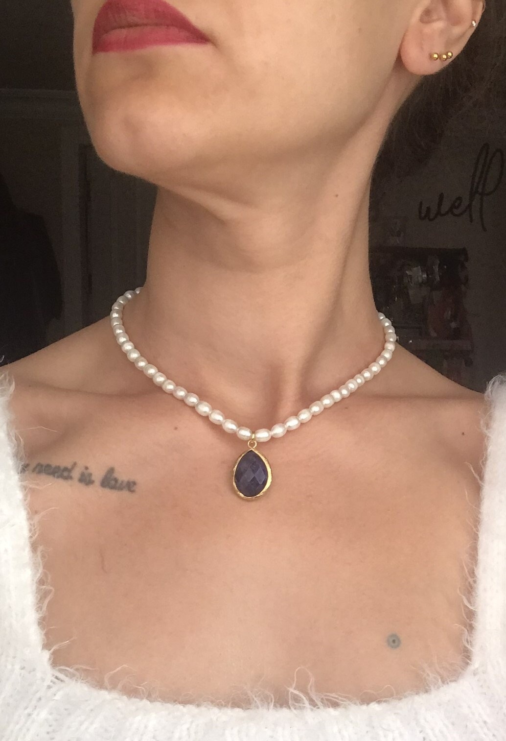 İnci Dizi Damla Kesim Safir Kolye