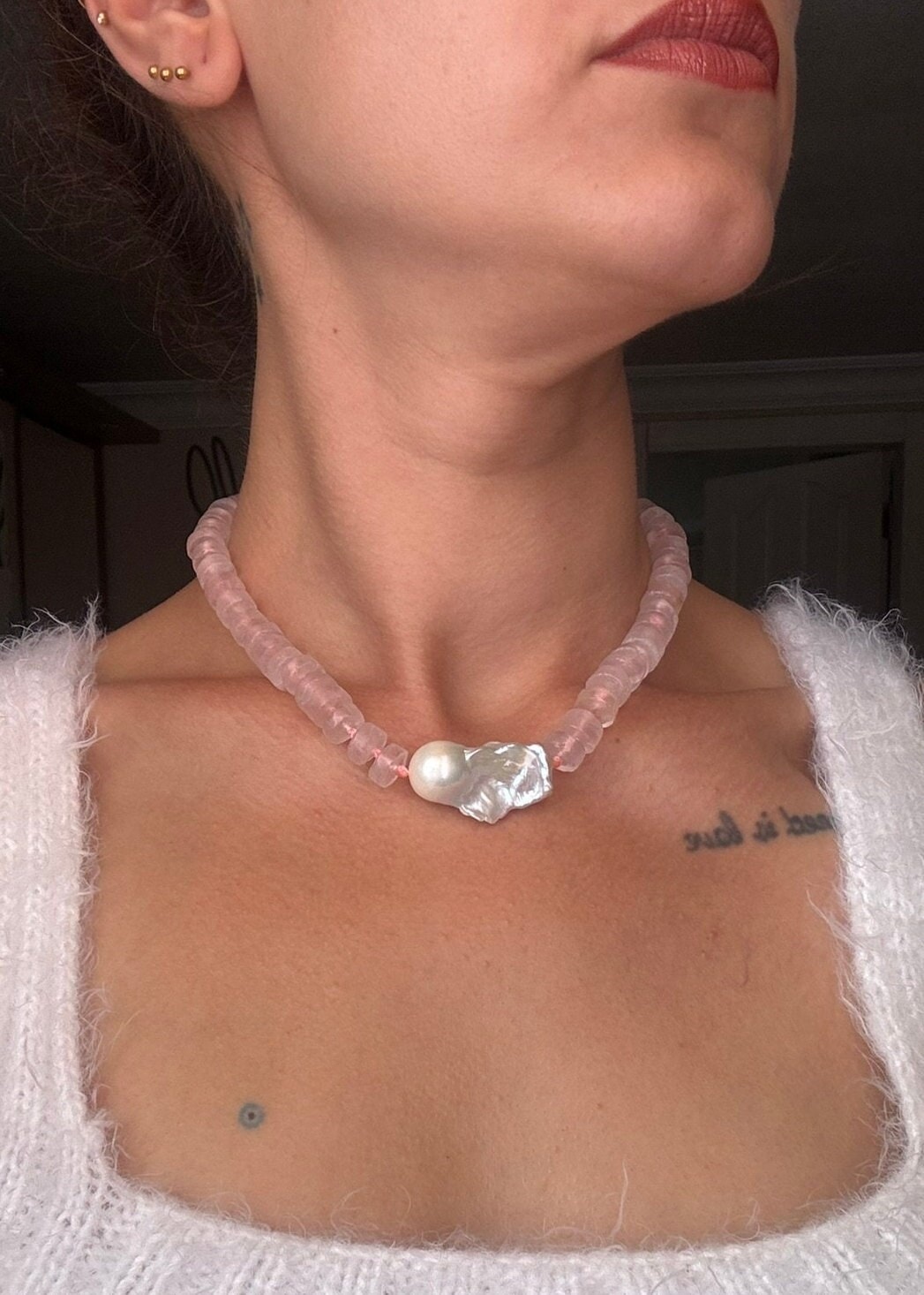 Pembe Kuvars & İnci Kombin Kolye