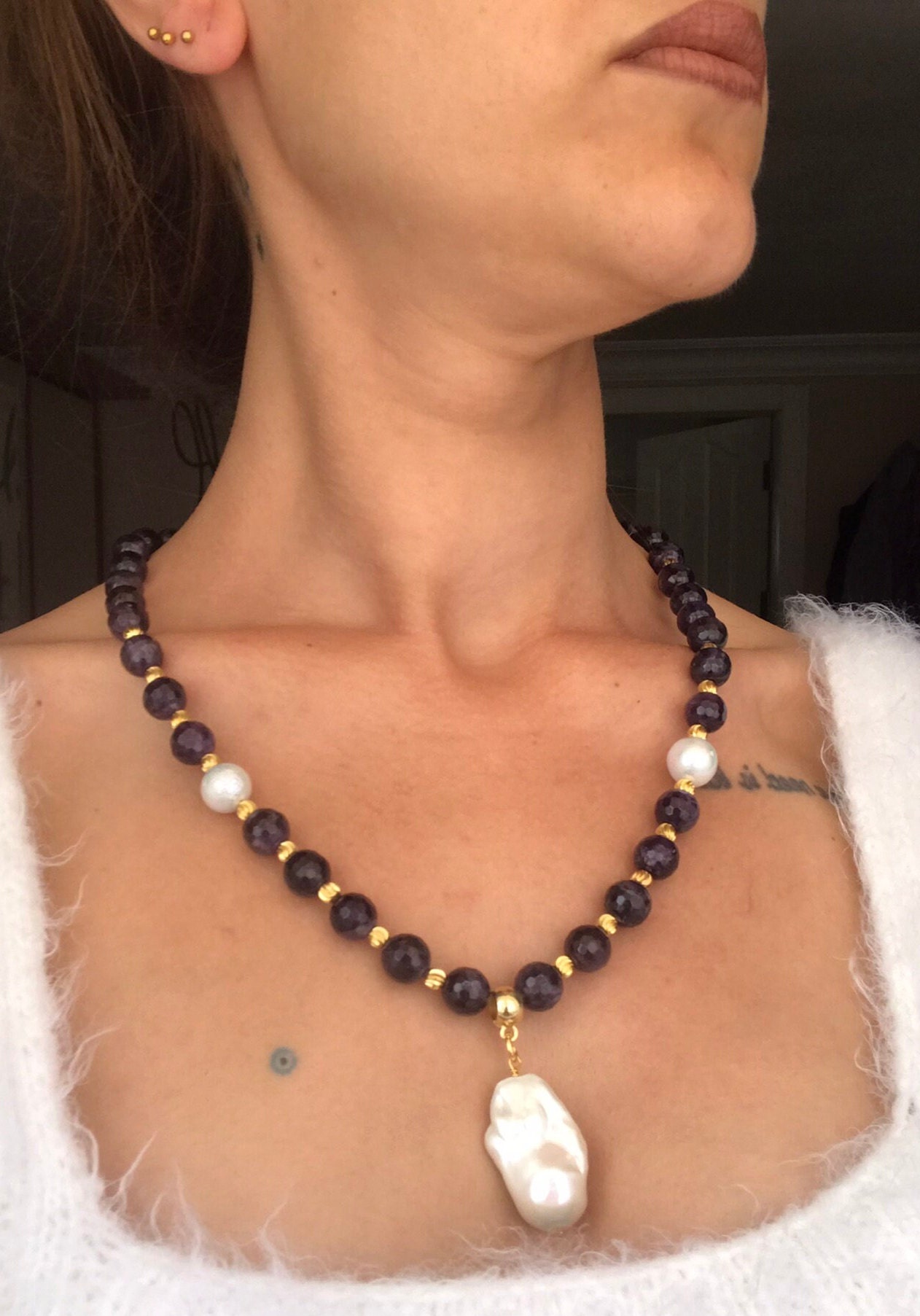 Ametist & İnci Kombin Kolye