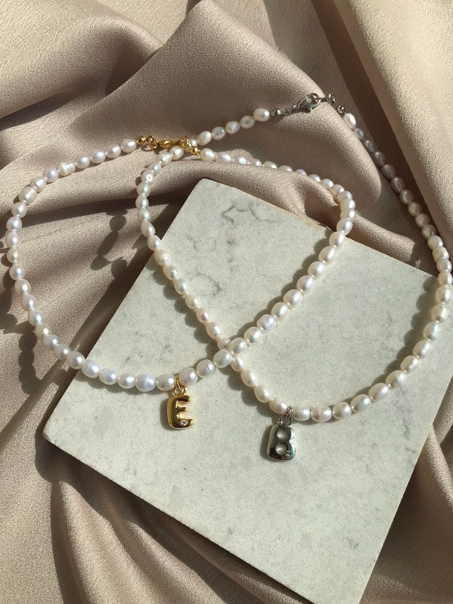 NEW ! Bold Initial Letter Pearl Necklace, Real Pearl Personalized Necklace