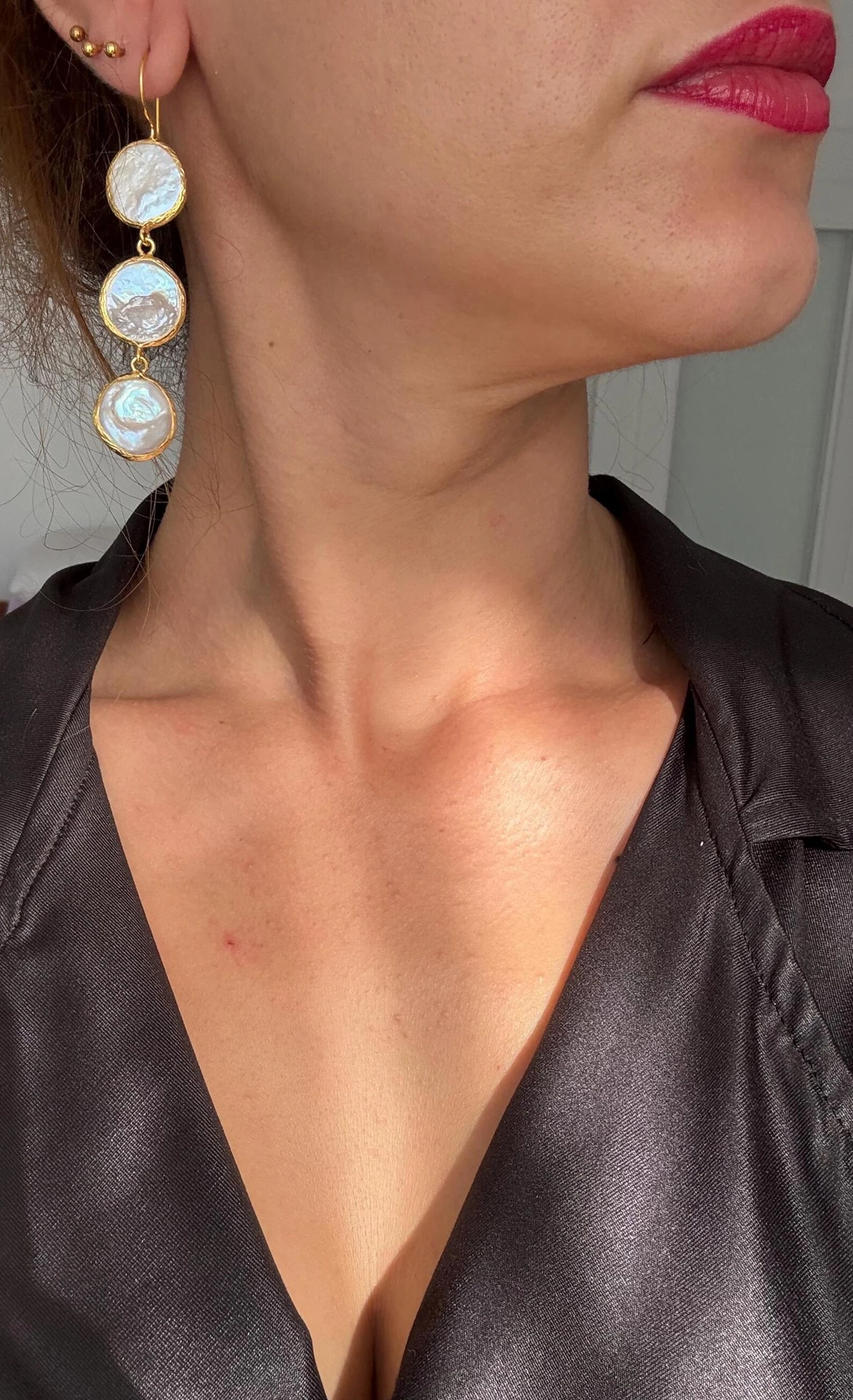 Üçlü Madeni Para İnci Uzun Küpeler