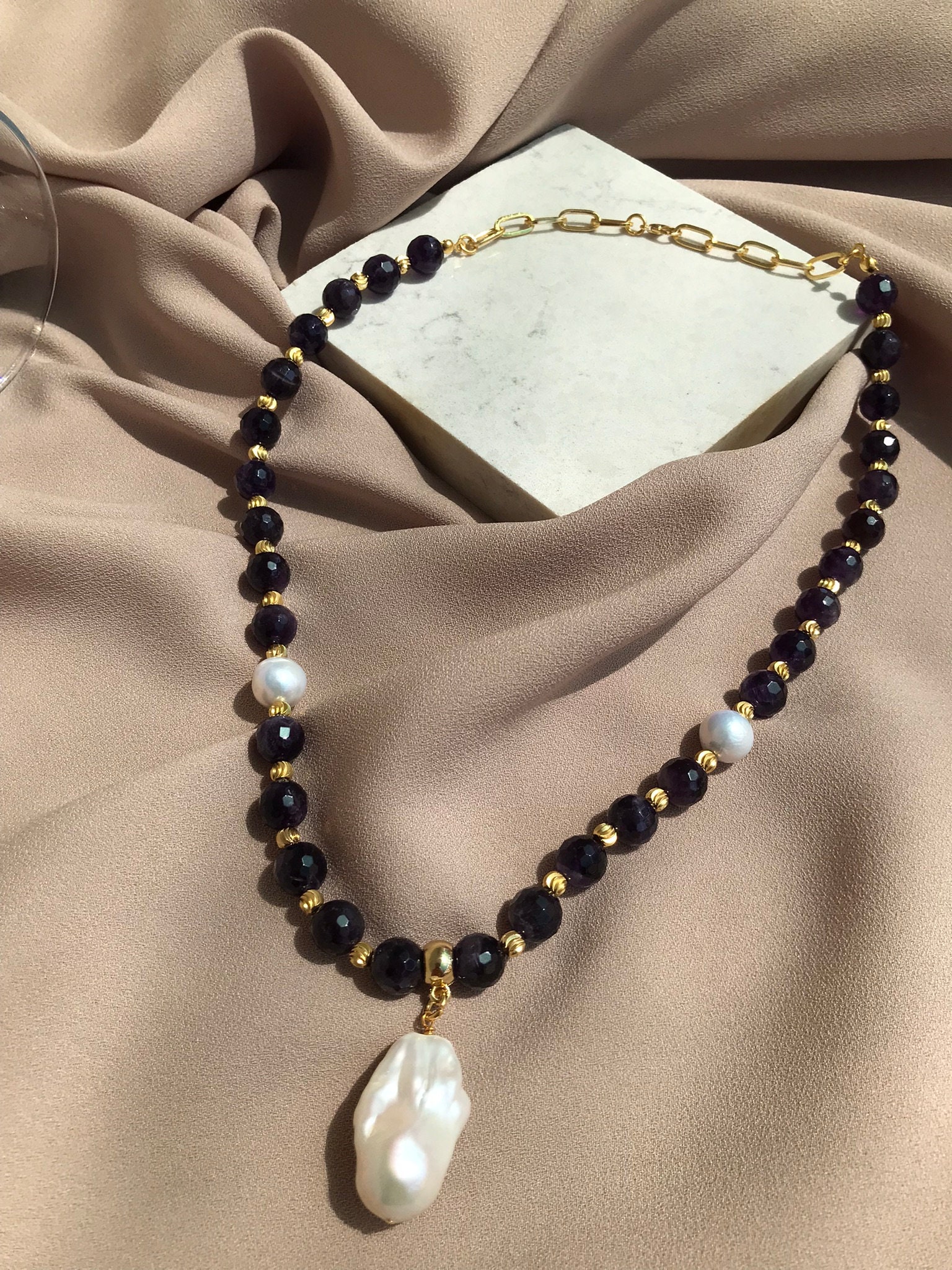 Ametist & İnci Kombin Kolye