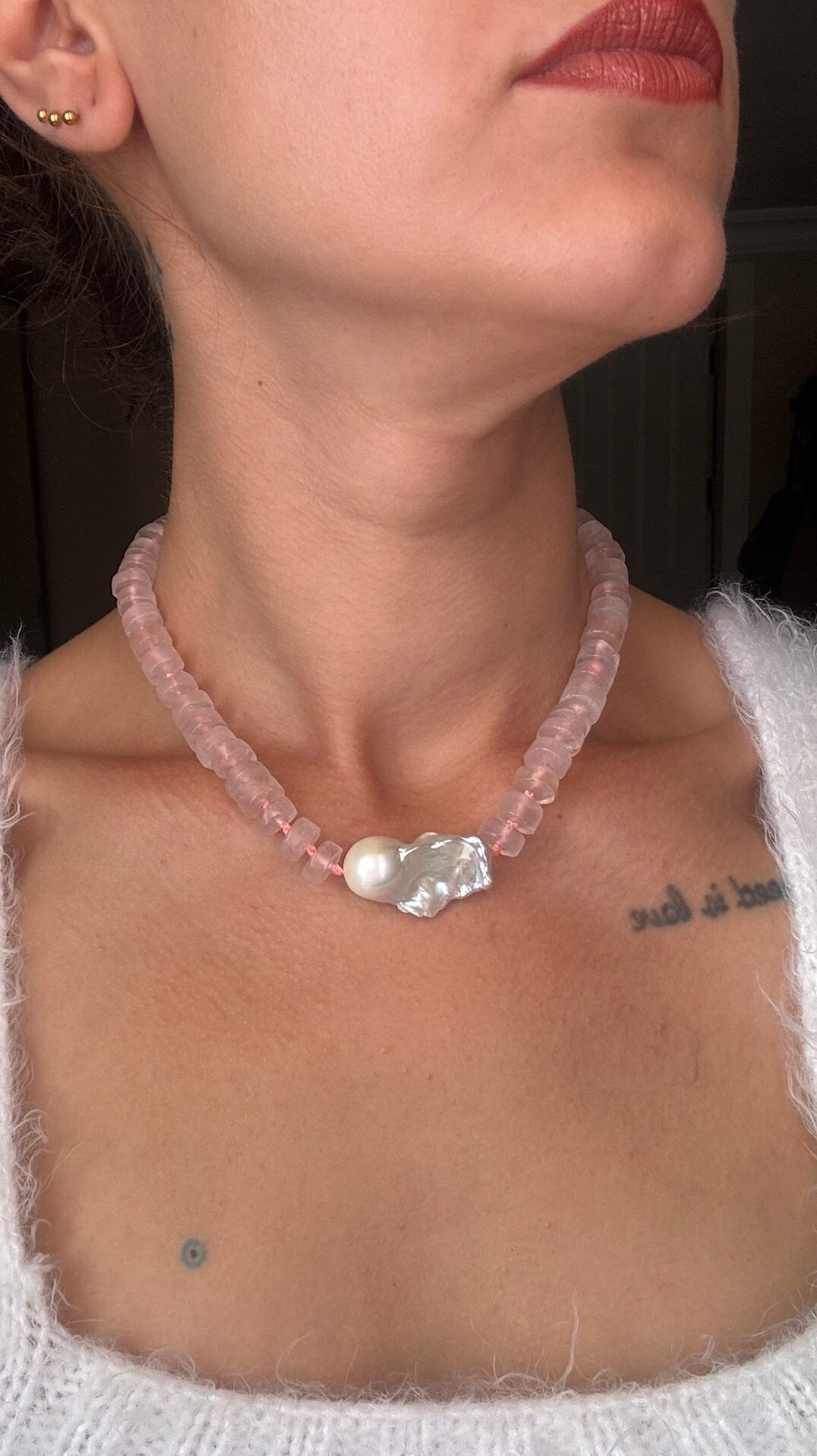 Pembe Kuvars & İnci Kombin Kolye