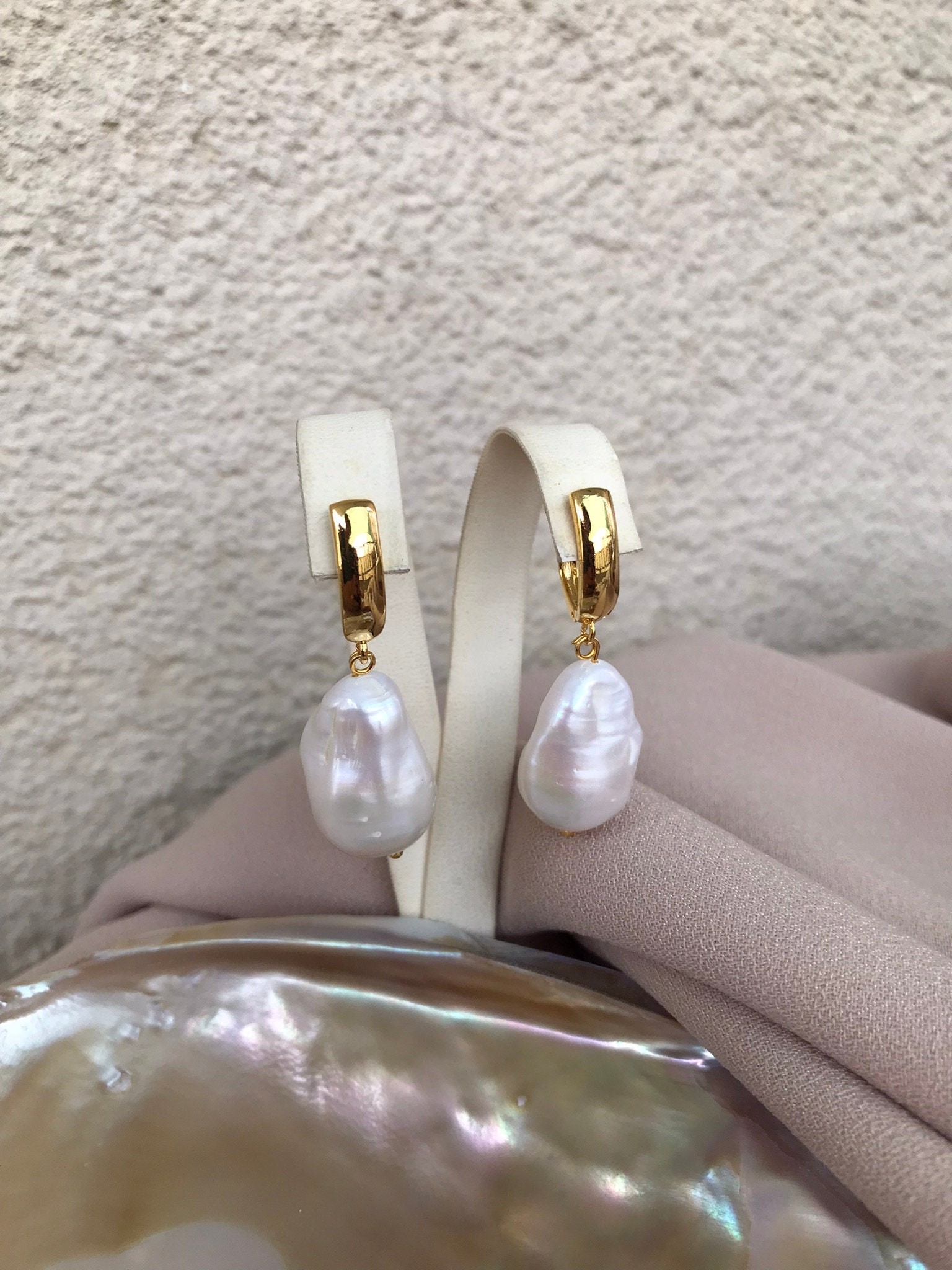 NEW! Big Fireball Pearl Gold Earrings,Large Natural Baroque Pearl Earrings