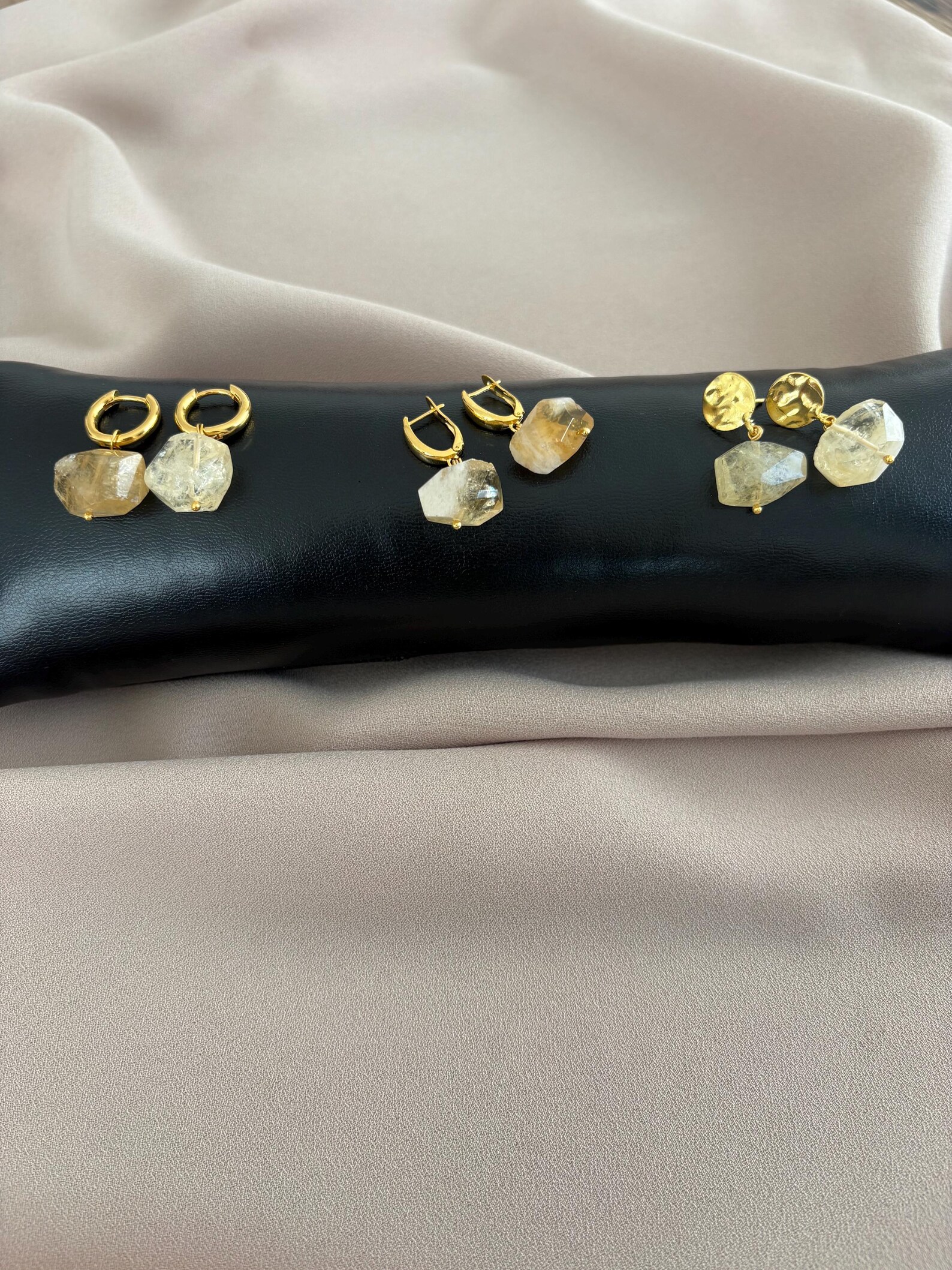 Elmas Kesim Doğal Sitrin Taş Küpeler