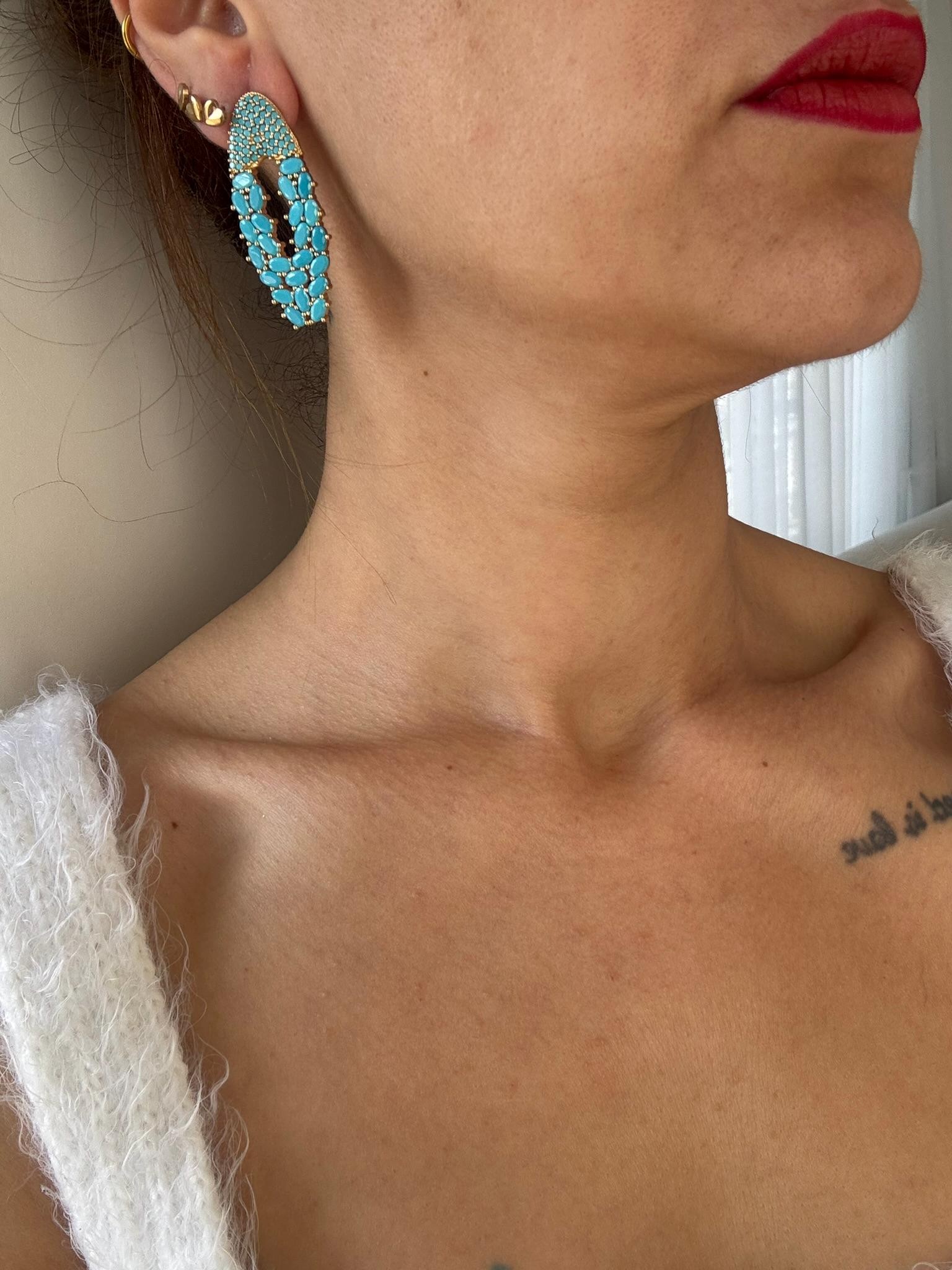 YENİ ! Turkuaz Zirkon Taşlı Oval Küpe, Özel Tasarım El Yapımı Bronz Küpe