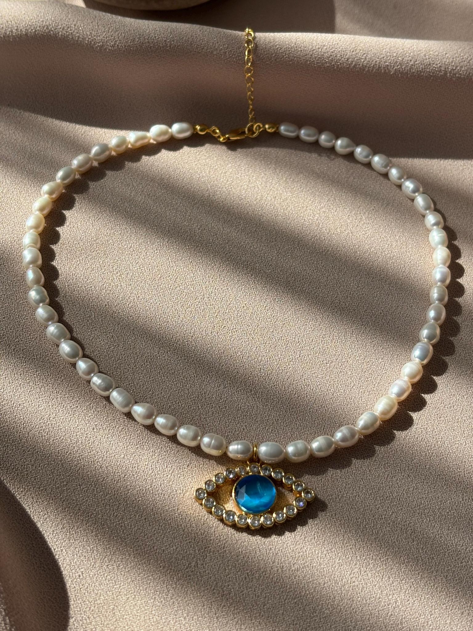 YENİ ! Özel Tasarım Mavi Kedi Gözü Taşlı İnci Kolye