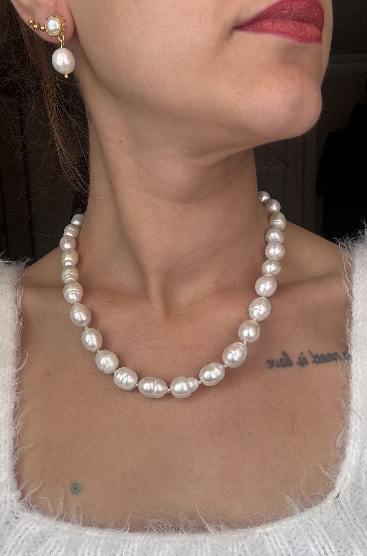 NEW ! Large Edison Pearl Necklace, White Baroque Necklace