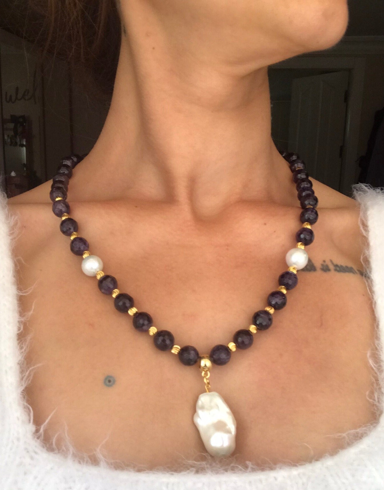 Ametist & İnci Kombin Kolye