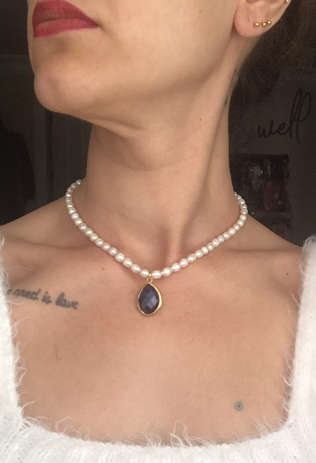 İnci Dizi Damla Kesim Safir Kolye