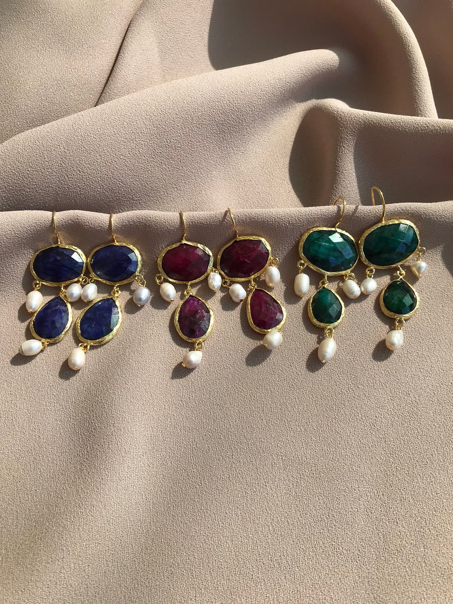 YENİ ! İnci Uçlu Safir Küpeler, Doğal Taş İnci Tasarım Küpeler