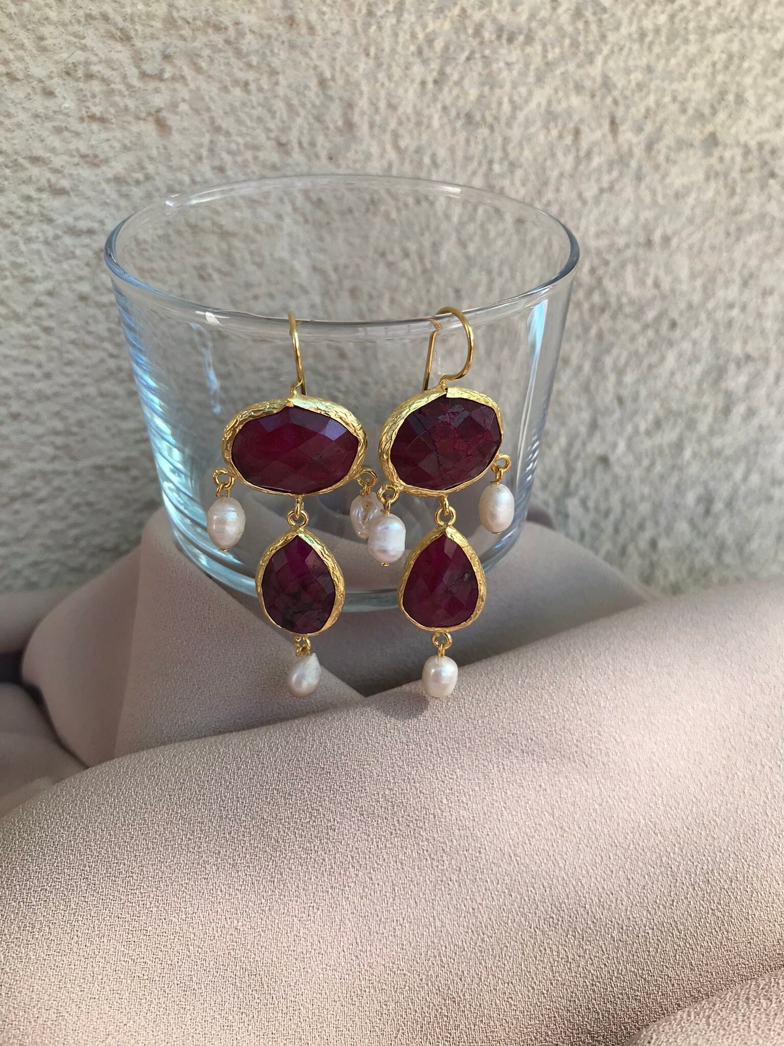 Yakut & İnci Kombin Küpe