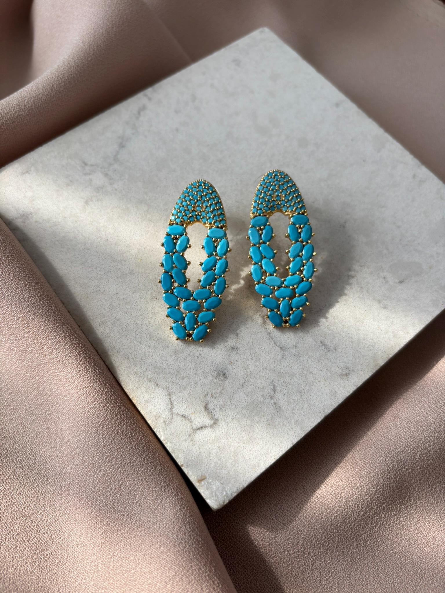 YENİ ! Turkuaz Zirkon Taşlı Oval Küpe, Özel Tasarım El Yapımı Bronz Küpe